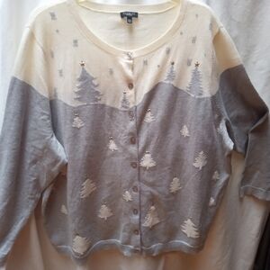 Talbots Cream and Light Gray Holiday Tree Button-Front Cardigan
